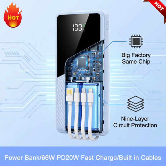 20000mAh Power Bank Large Capacity With 4 Cables Fast Charging Portable Battery Charger for iPhone Samsung Xiaomi