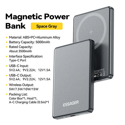 Essager Thin Wireless Power Bank Magnetic 20W 5000mAh Portable Fast Charging External Battery for Magsafe For iPhone 17 16 15 14