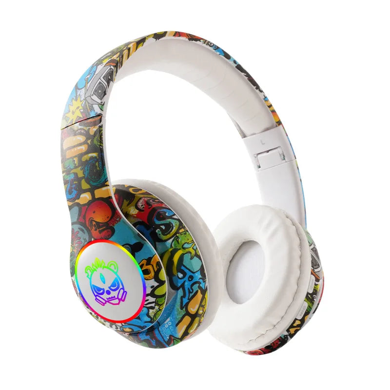 New Graffiti Wireless Overhead Headset with Mic LED Light LX-8686 High Quality TF Card Bluetooth Headphones for PC Gaming Child