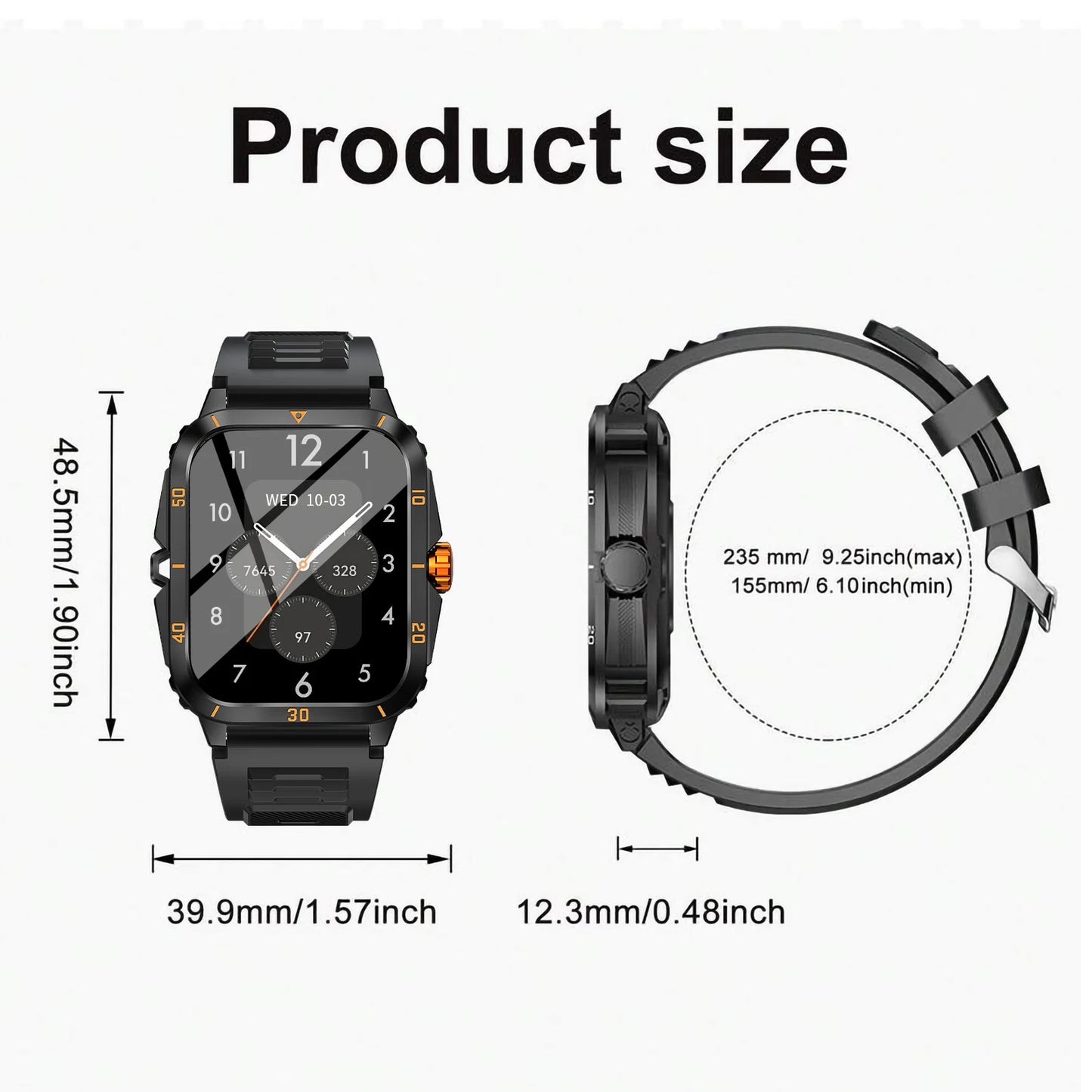 1.83 inch smart watch for men and women, USB charging, 180 mAh battery, remote camera/music player, outdoor sports mode, wireles