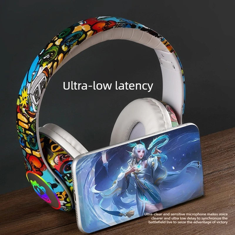 New Graffiti Wireless Overhead Headset with Mic LED Light LX-8686 High Quality TF Card Bluetooth Headphones for PC Gaming Child