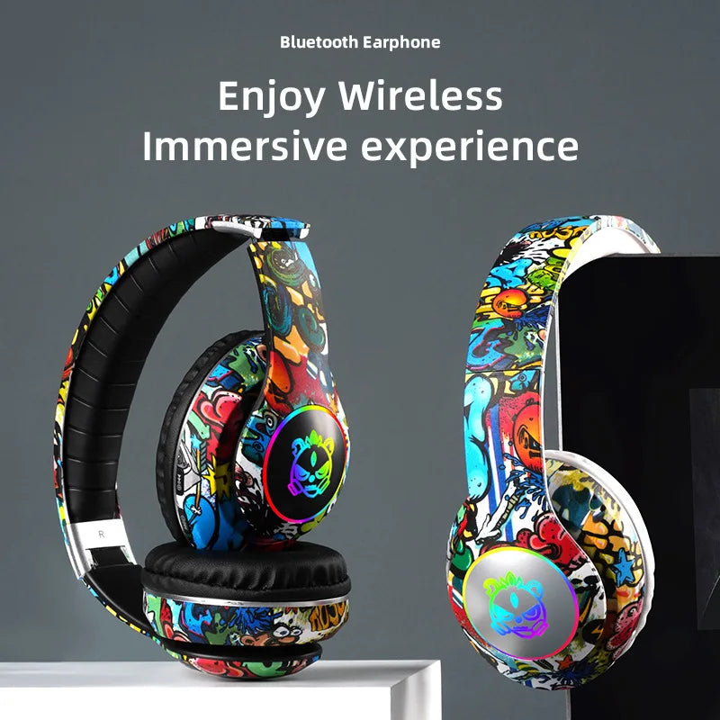 New Graffiti Wireless Overhead Headset with Mic LED Light LX-8686 High Quality TF Card Bluetooth Headphones for PC Gaming Child