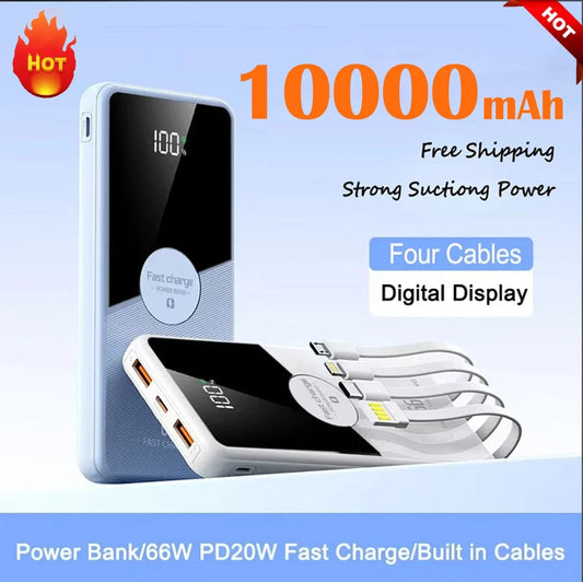 20000mAh Power Bank  Large Capacity With 4 Cables Fast Charging Portable Battery Charger for iPhone Samsung Xiaomi