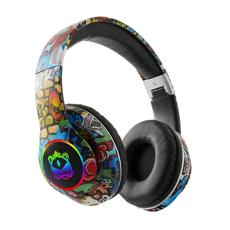 New Graffiti Wireless Overhead Headset with Mic LED Light LX-8686 High Quality TF Card Bluetooth Headphones for PC Gaming Child