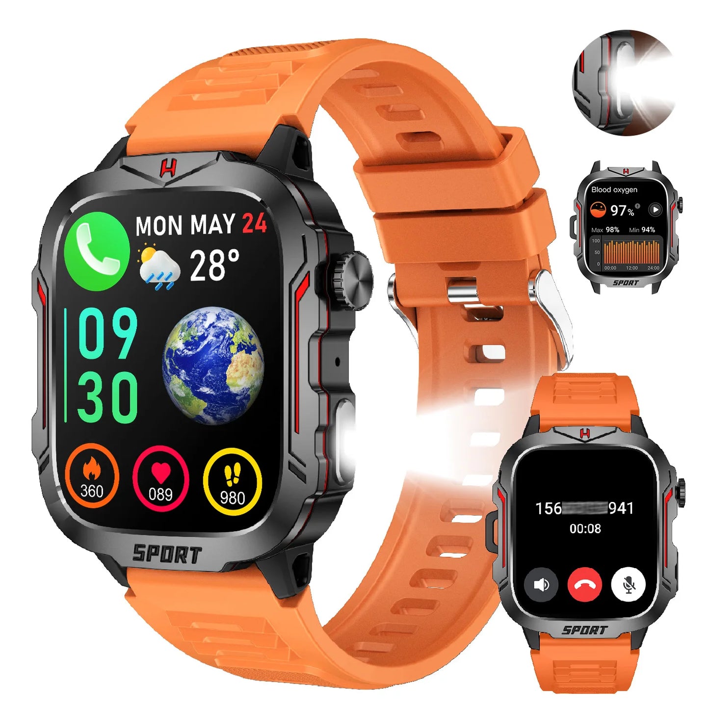 Flashlight Smart Watch for Men/Women, 1.96'' Screen Fitness Tracker with Long Battery Life/ AI Voice Assistant/ Bluetooth Call