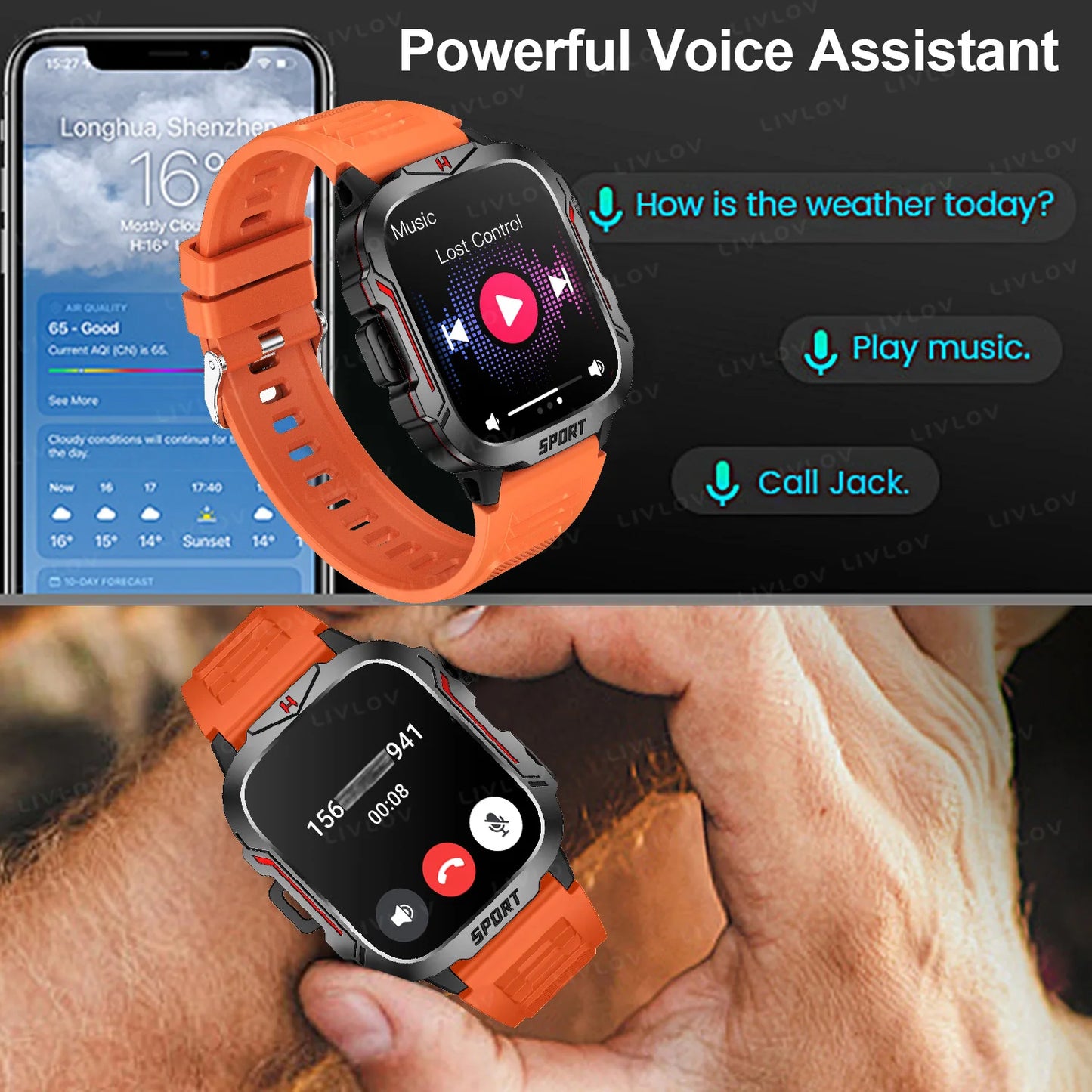 Flashlight Smart Watch for Men/Women, 1.96'' Screen Fitness Tracker with Long Battery Life/ AI Voice Assistant/ Bluetooth Call