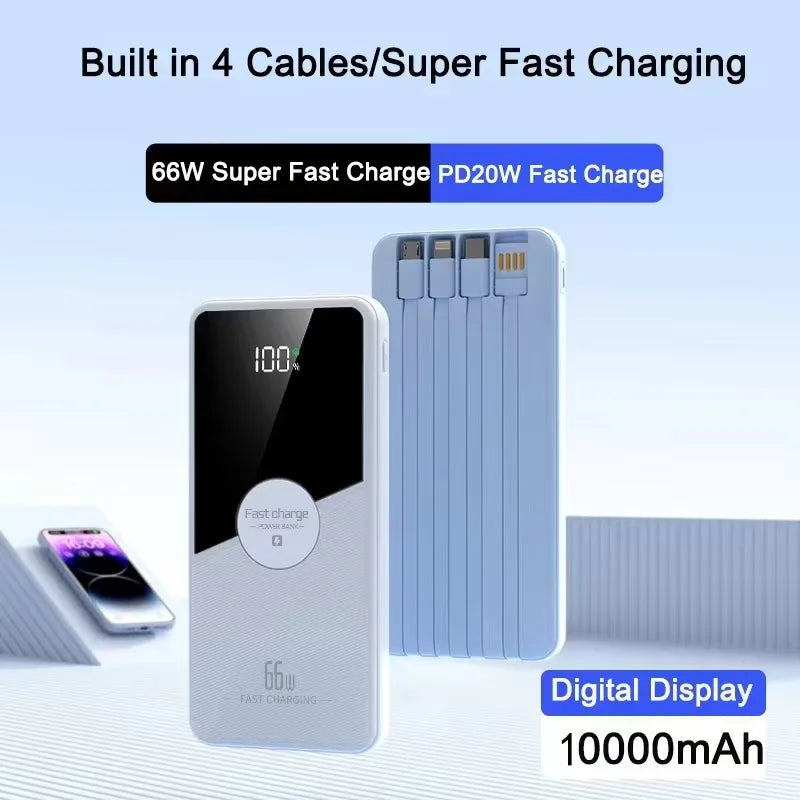 20000mAh Power Bank  Large Capacity With 4 Cables Fast Charging Portable Battery Charger for iPhone Samsung Xiaomi